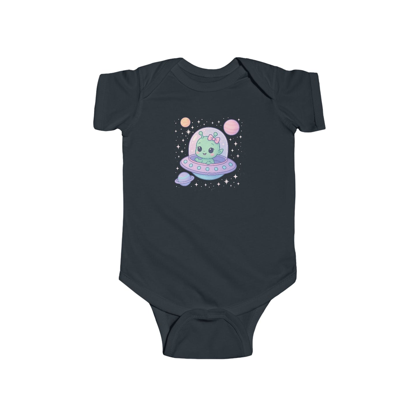 Black baby onesie with a cute baby alien design
