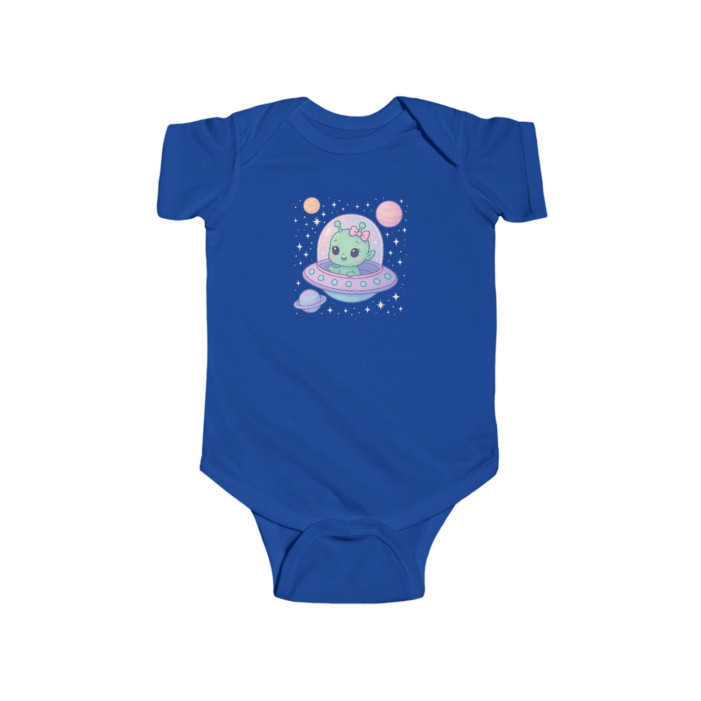 Blue baby onesie with a cute baby alien design