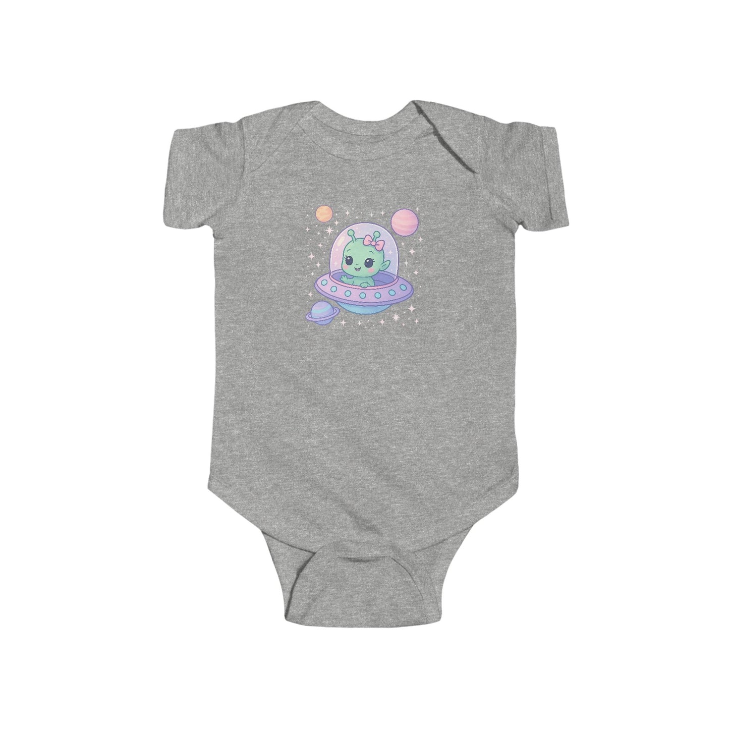 Gray baby onesie with a cute baby alien design