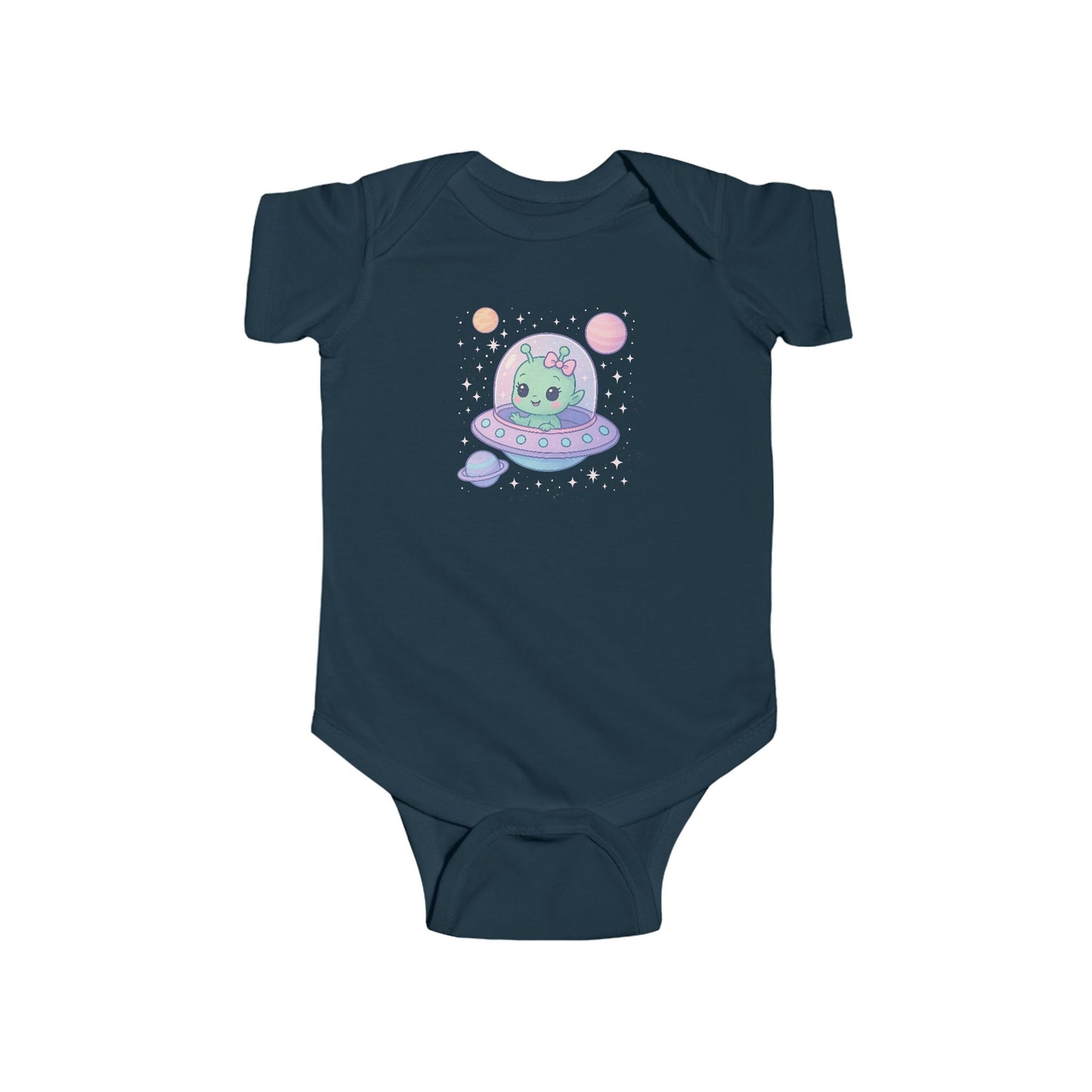 Navy baby onesie with a cute baby alien design