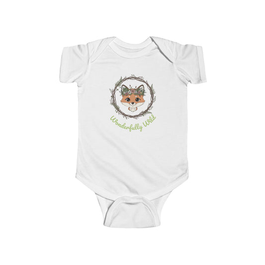 White baby onesie with a fox design and text on a white background