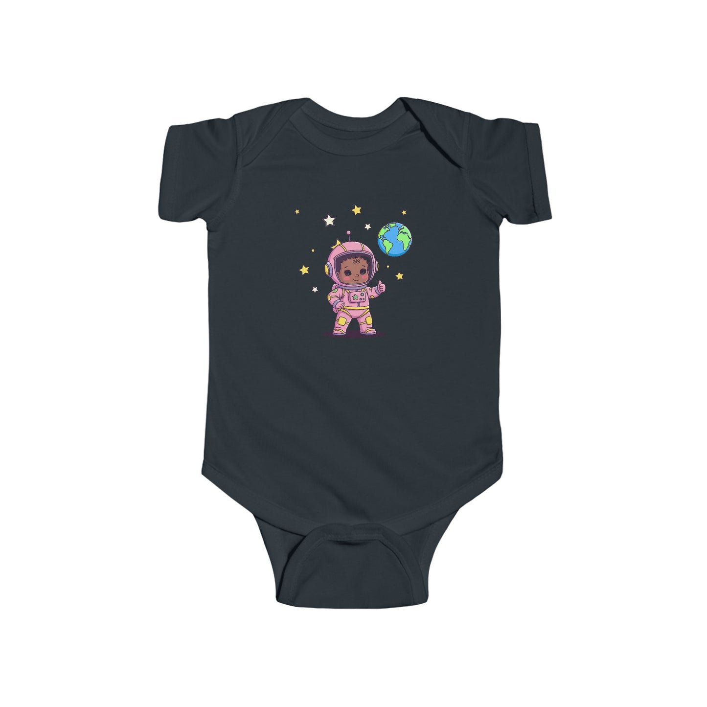 Black baby onesie with a space-themed baby astronaut design.