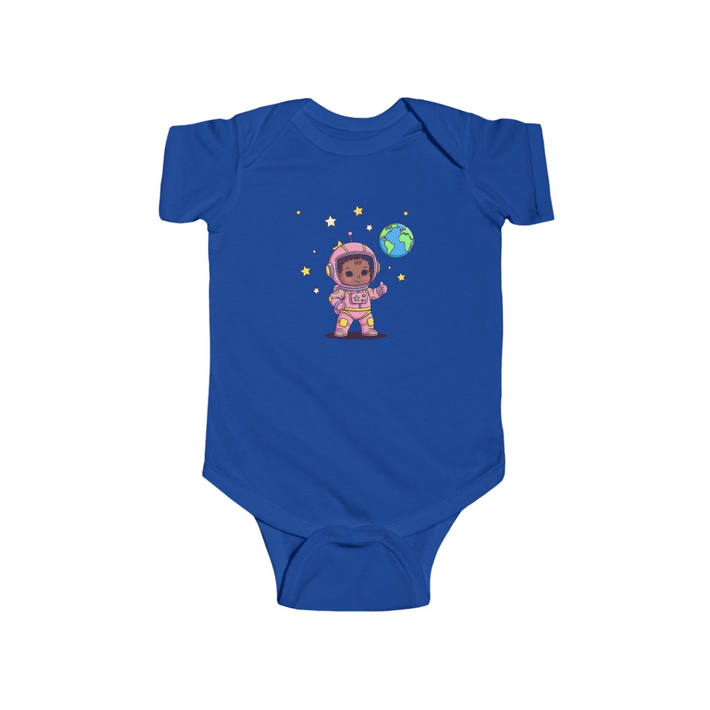 Blue baby onesie with a space-themed baby astronaut design.