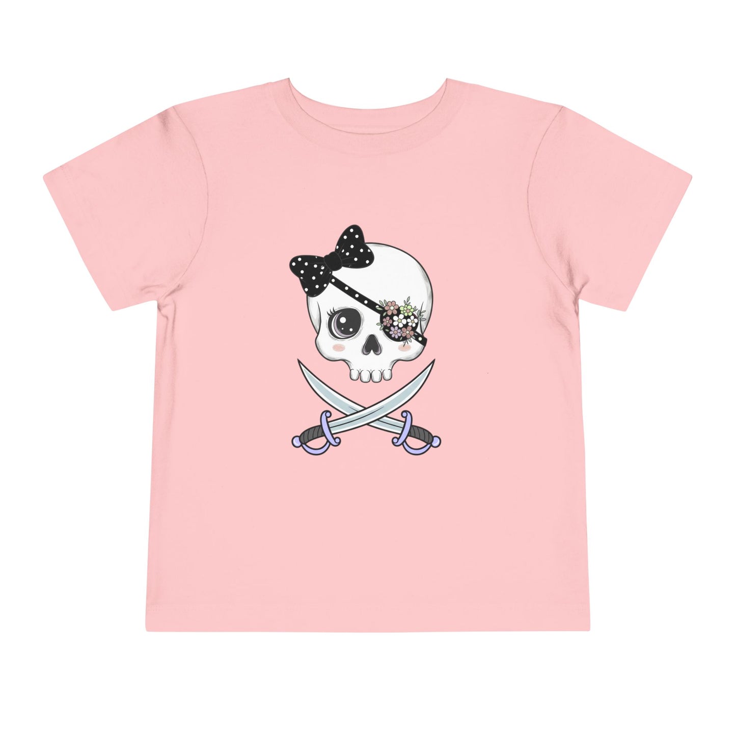 Pink t-shirt with skull and crossed swords design, featuring a black bow and flowery eyepatch.