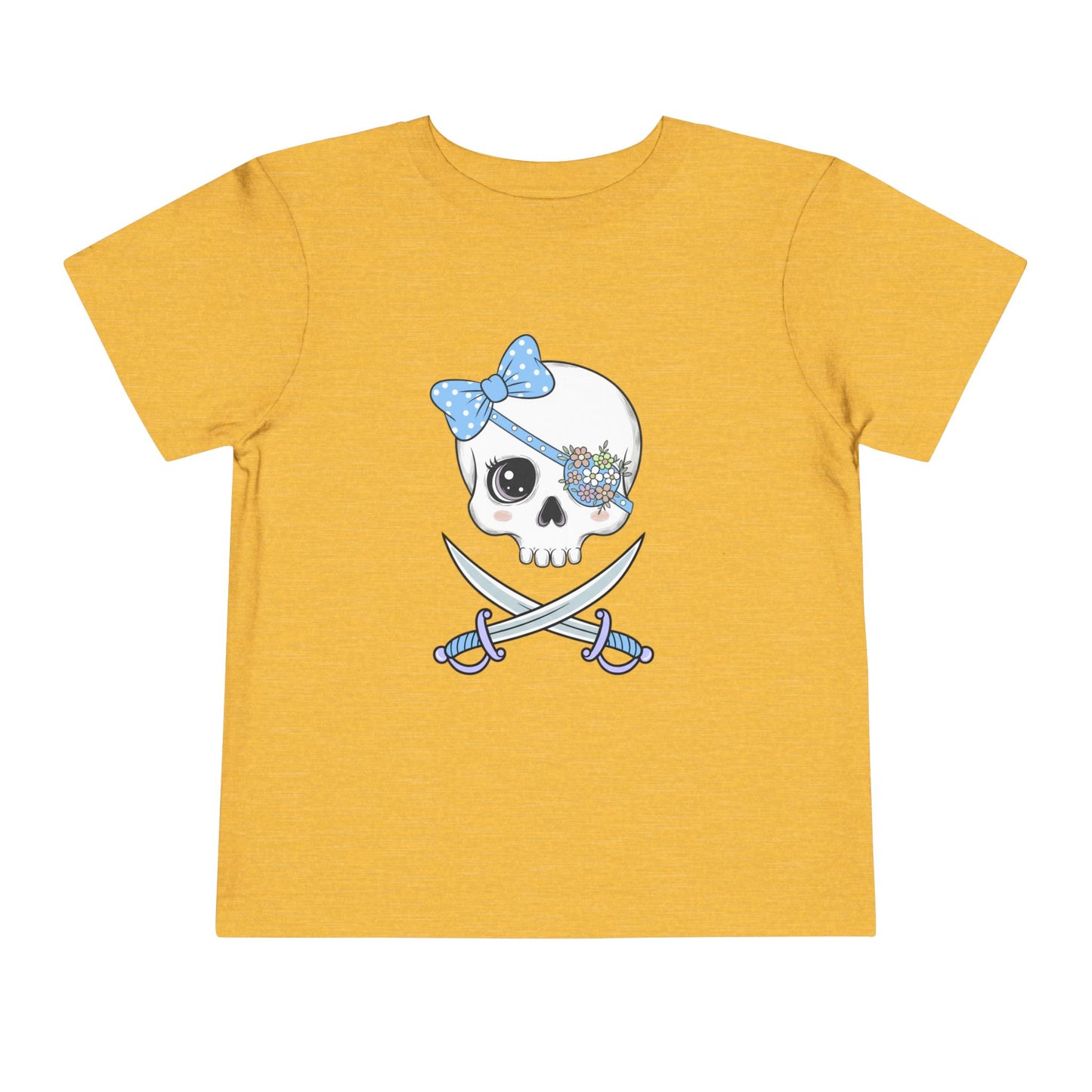 Yellow t-shirt with skull and crossed swords design, featuring a blue bow and flowery eyepatch.