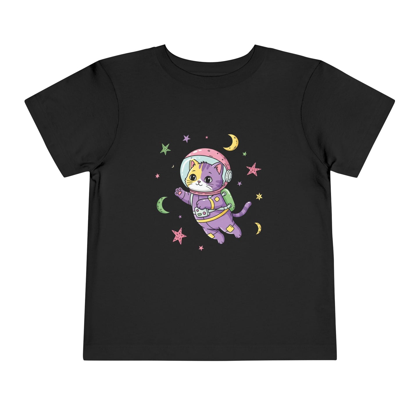 Black t-shirt with a cat in an astronaut suit graphic.