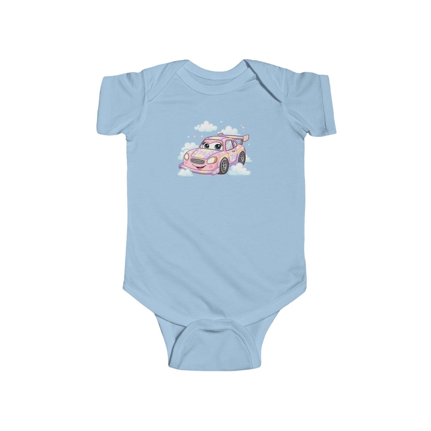 Light blue baby onesie with a pink car graphic.