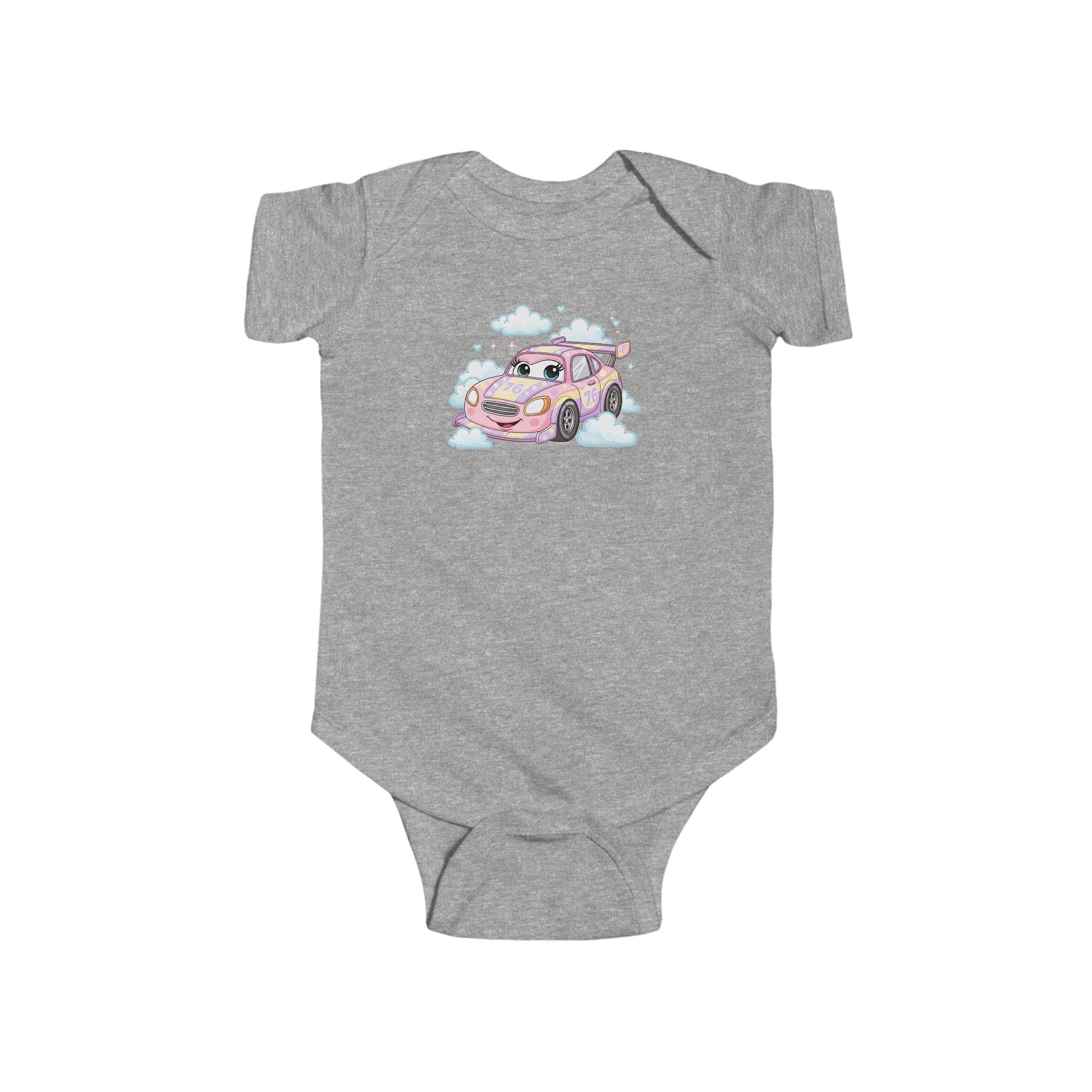 Gray baby onesie with a pink car graphic.