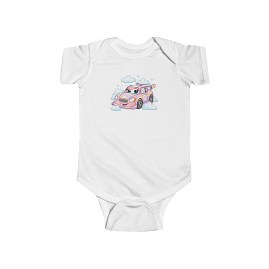 White baby onesie with a pink car graphic.