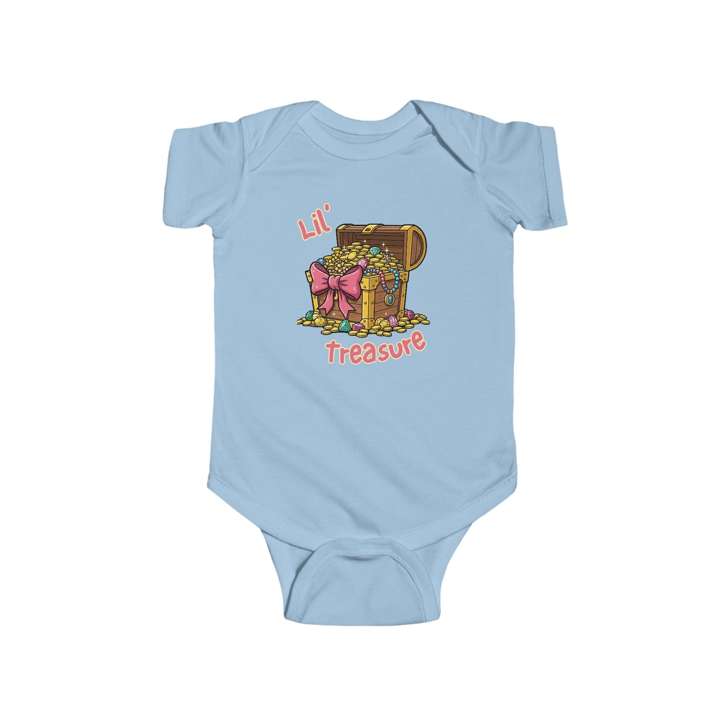 Light blue baby onesie with a colorful graphic of a treasure chest and the words 'Lil Treasure' in pink