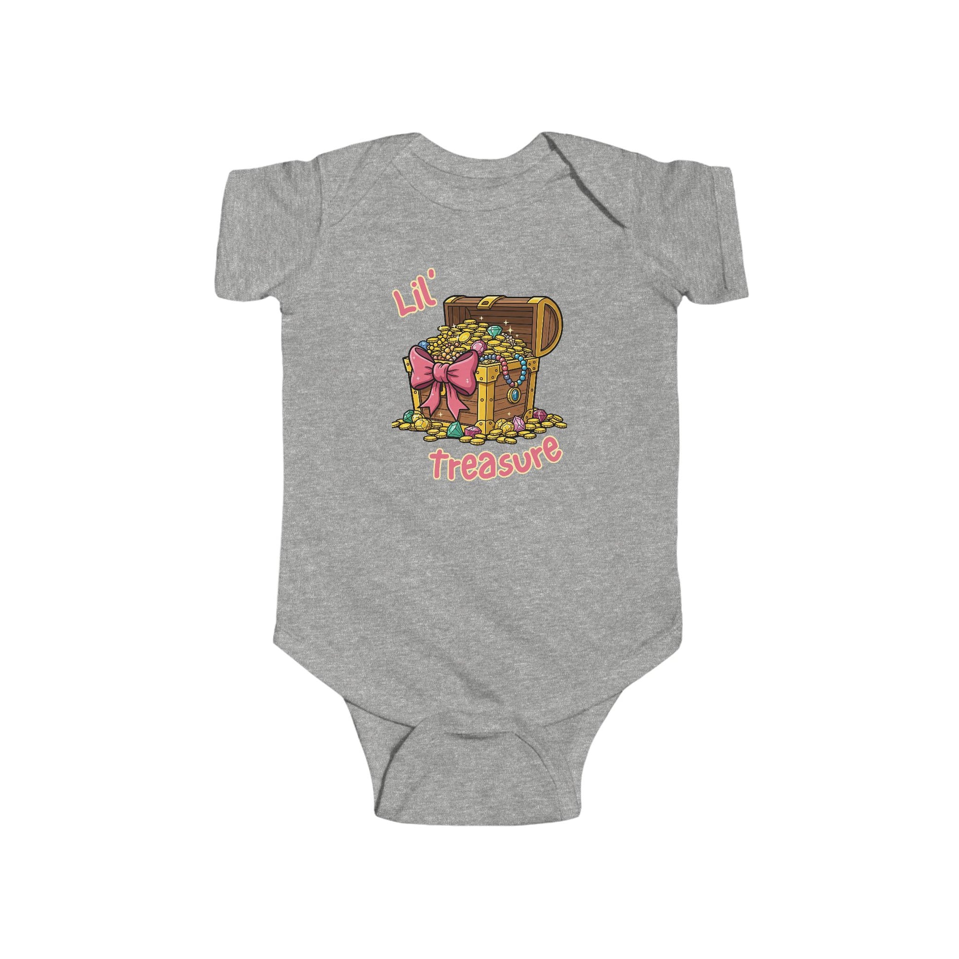 Gray baby onesie with a colorful graphic of a treasure chest and the words 'Lil Treasure' in pink
