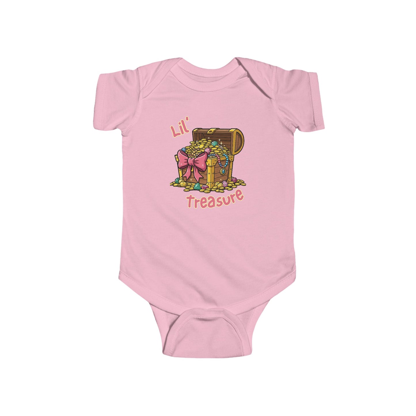 Pink baby onesie with a colorful graphic of a treasure chest and the words 'Lil Treasure' in pink
