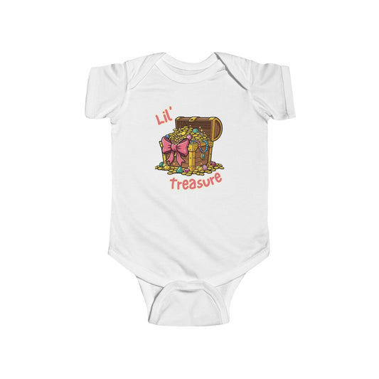 White baby onesie with a colorful graphic of a treasure chest and the words 'Lil Treasure' in pink