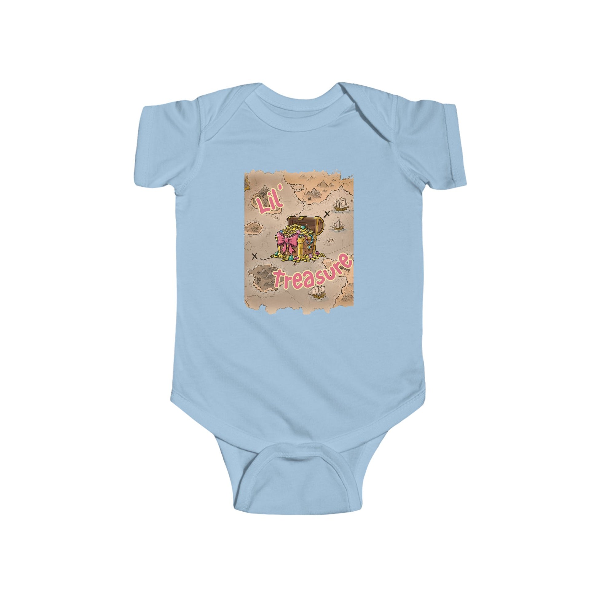Light blue baby onesie with a graphic of a treasure chest and 'Lil Treasure' text on a treasure map  background