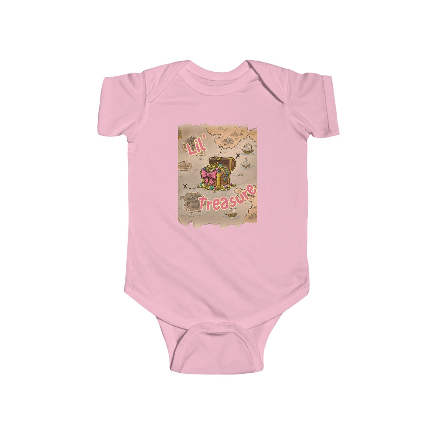 Pink baby onesie with a graphic of a treasure chest and 'Lil Treasure' text on a treasure map background
