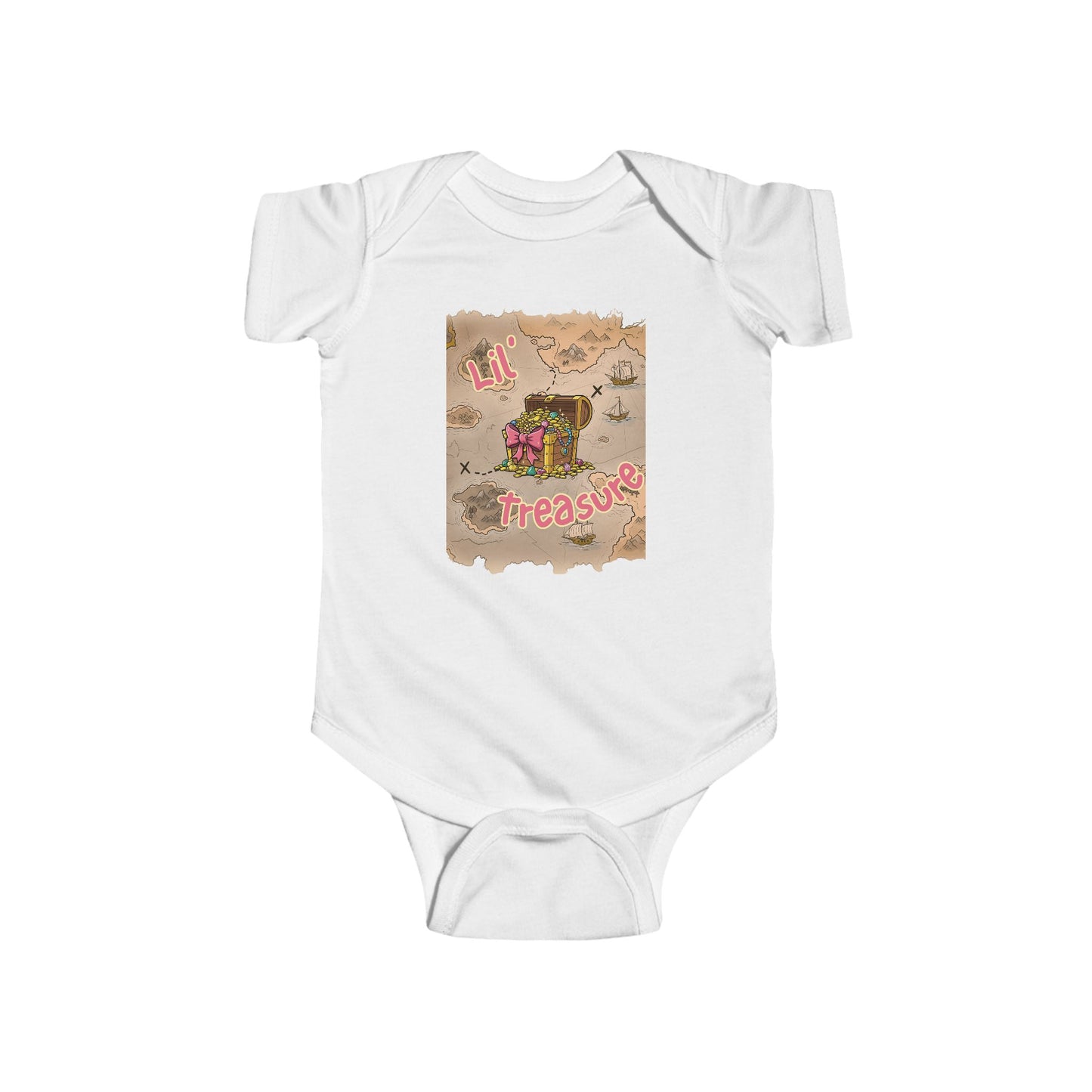 White baby onesie with a graphic of a treasure chest and 'Lil Treasure' text on a treasure map background