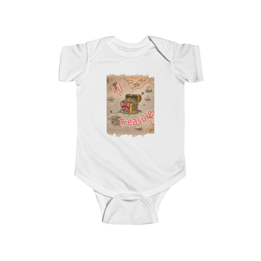 White baby onesie with a graphic of a treasure chest and 'Lil Treasure' text on a treasure map  background