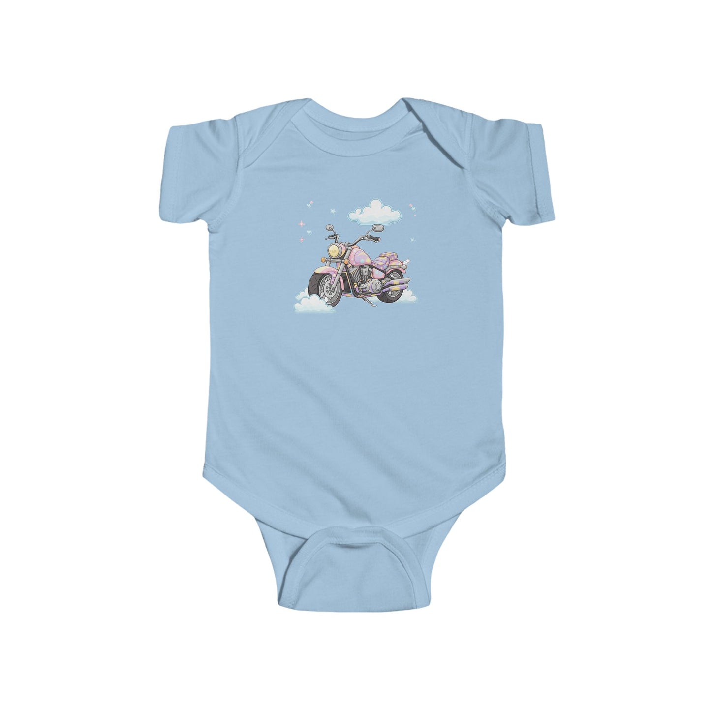 Light blue  baby onesie with a motorcycle and cloud design.