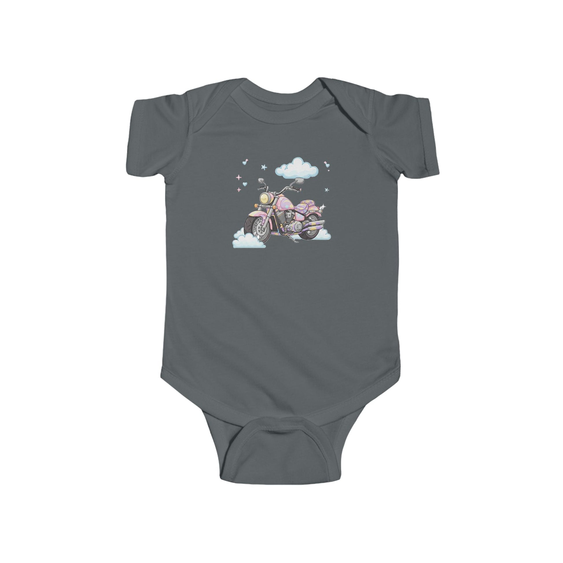 Gray baby onesie with a motorcycle and cloud design.