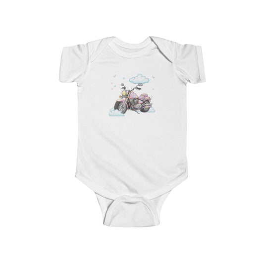 White baby onesie with a motorcycle and cloud design.