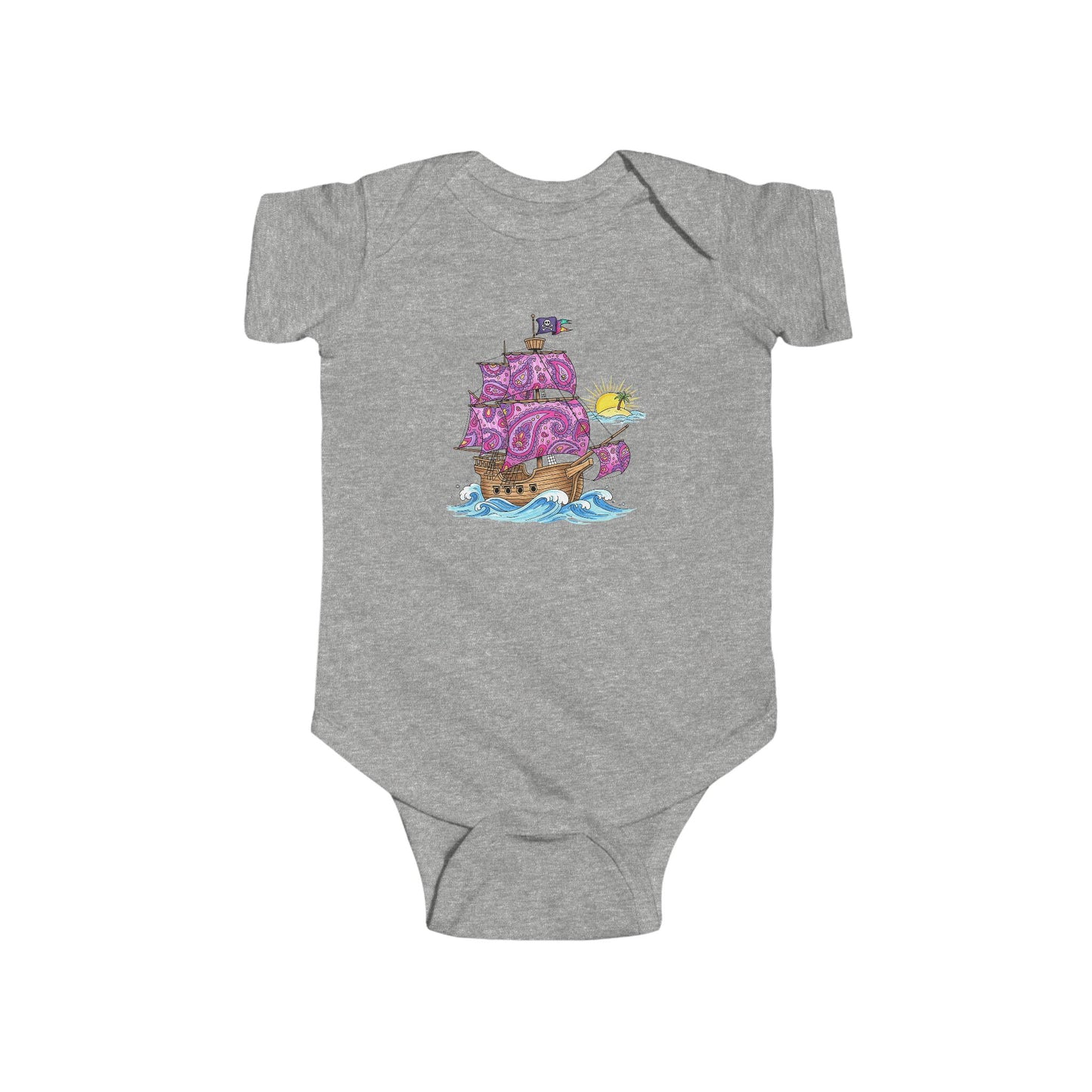 Gray baby onesie with a colorful pirate ship design