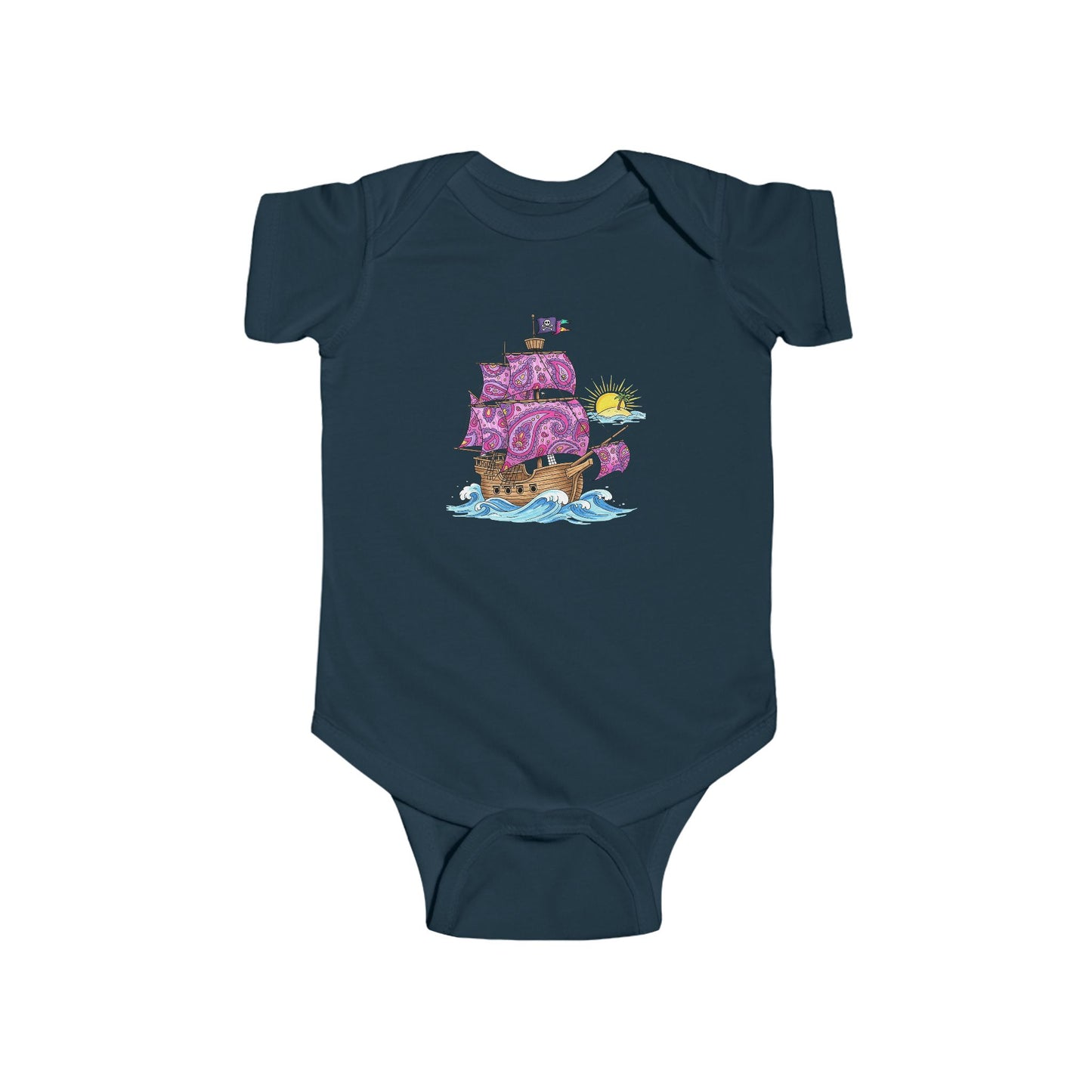 Navy blue baby onesie with a colorful pirate ship design