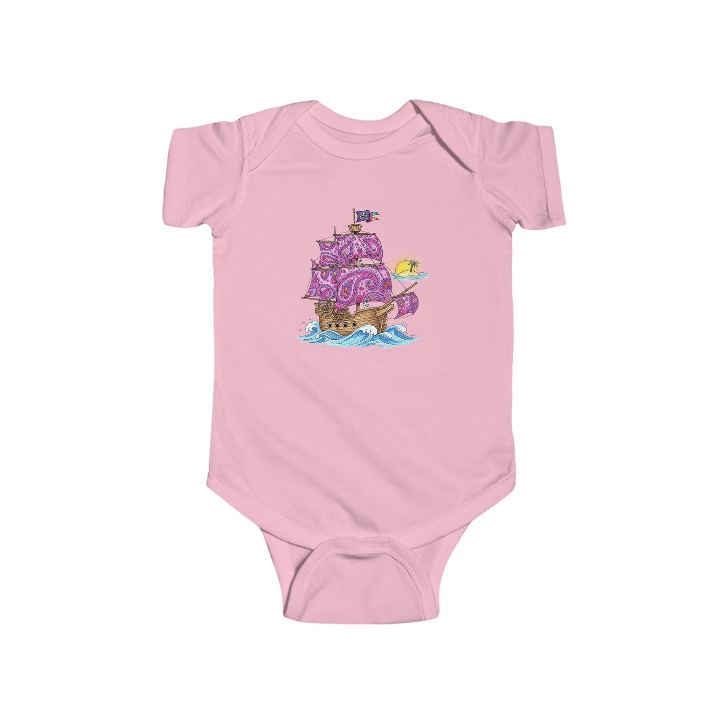 Pink baby onesie with a colorful pirate ship design