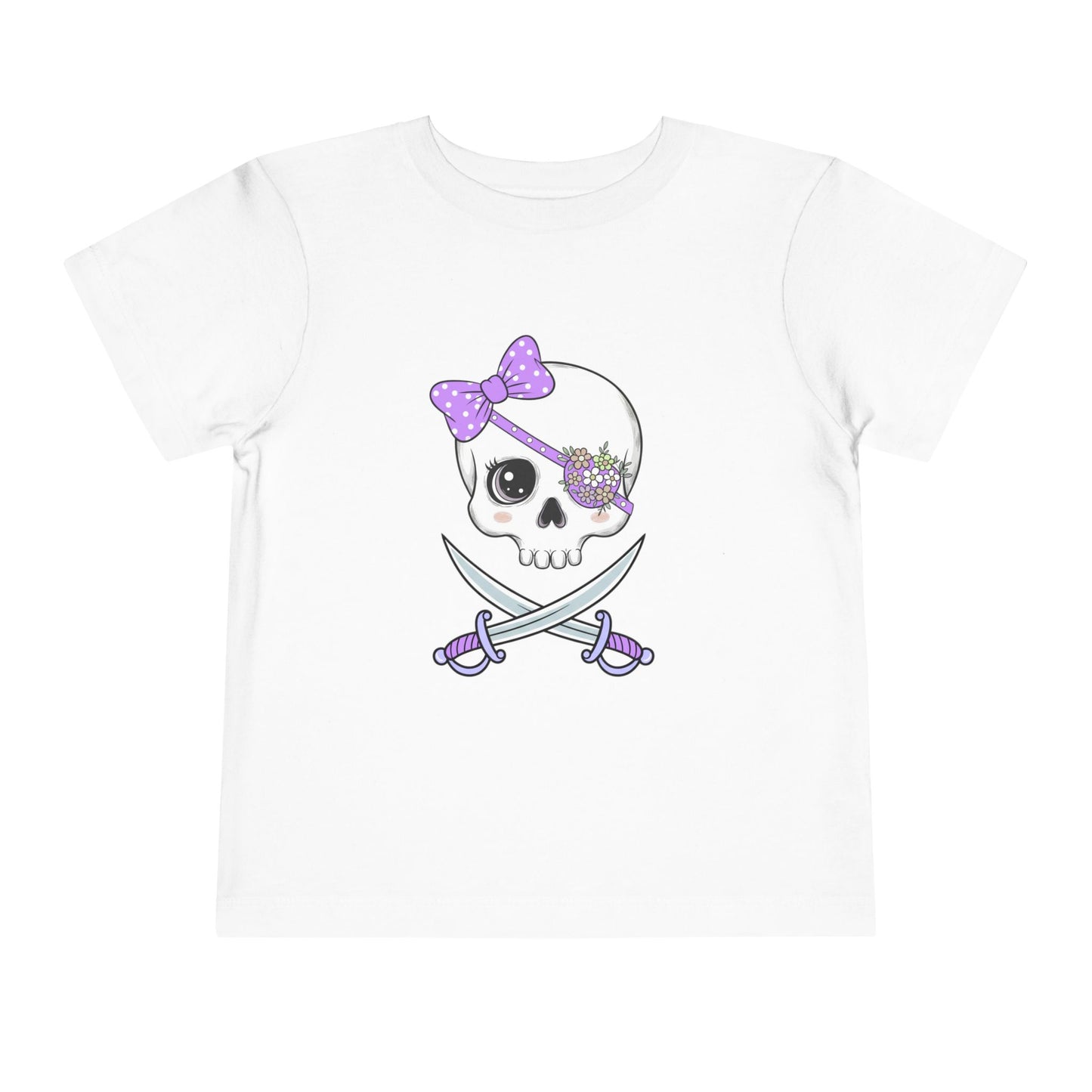 White t-shirt with skull and crossed swords design, featuring a purple bow and flowery eyepatch.