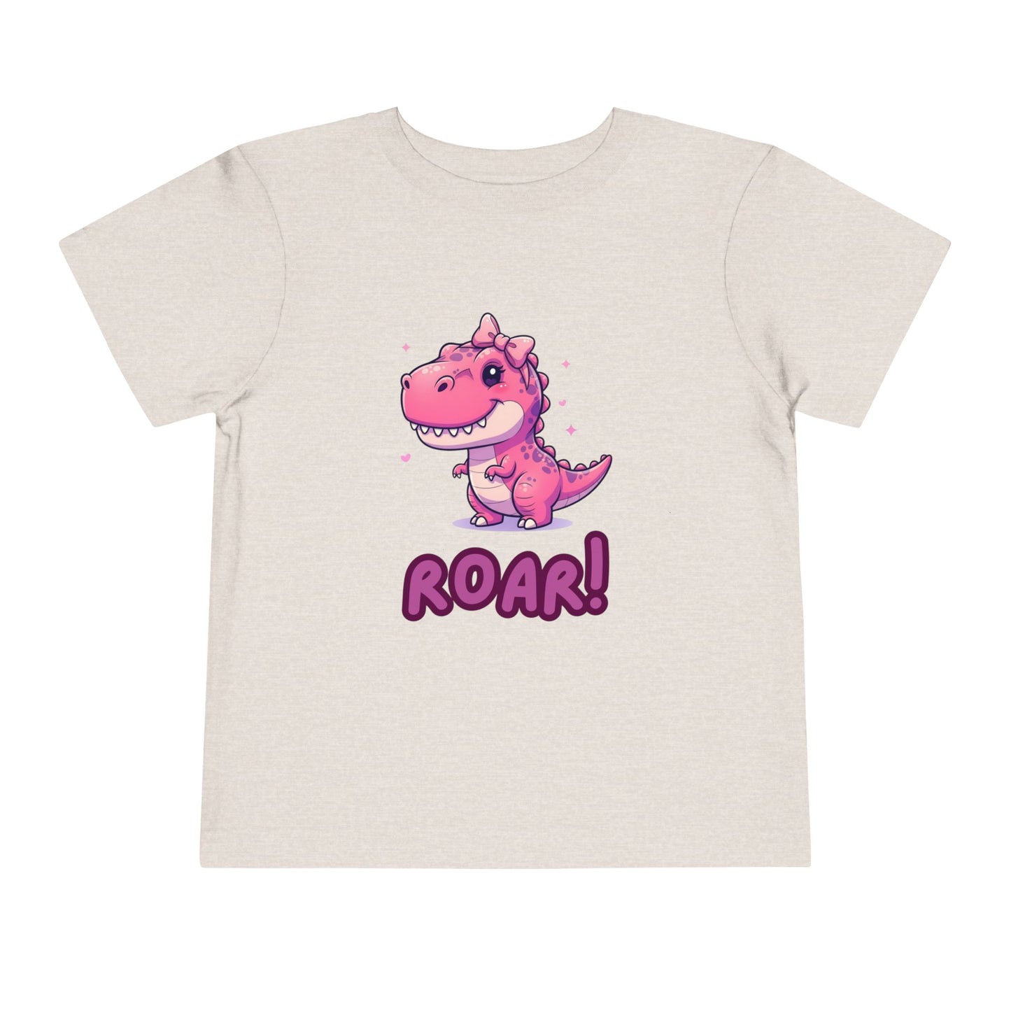 Beige t-shirt with a pink dinosaur and 'ROAR!' text.