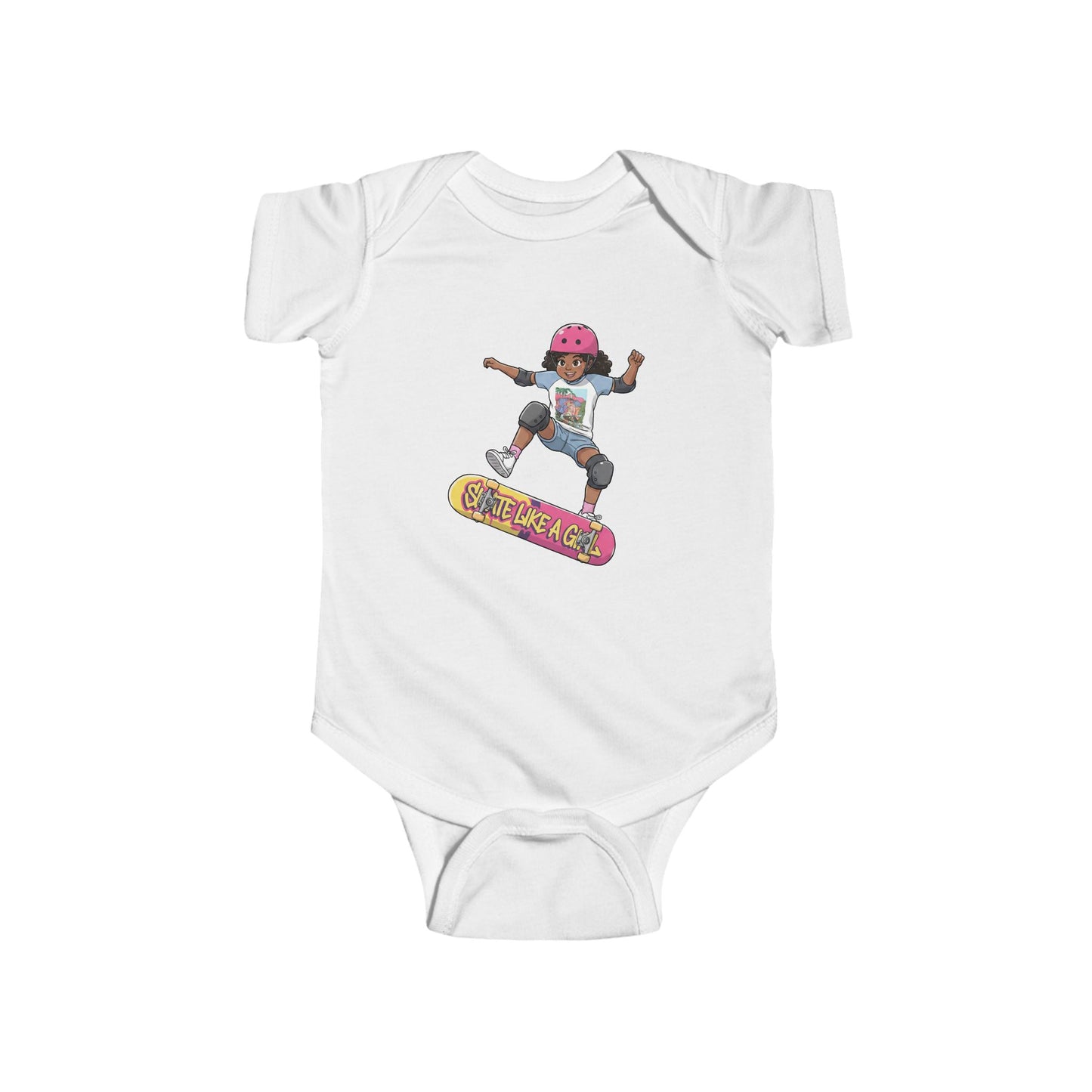 White baby onesie with a graphic of a child on a skateboard and 'Skate Like a Girl' text