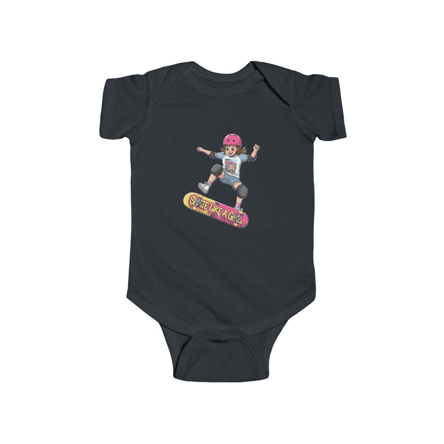 Black baby onesie with a graphic of a child on a skateboard and 'Skate Like a Girl' text.