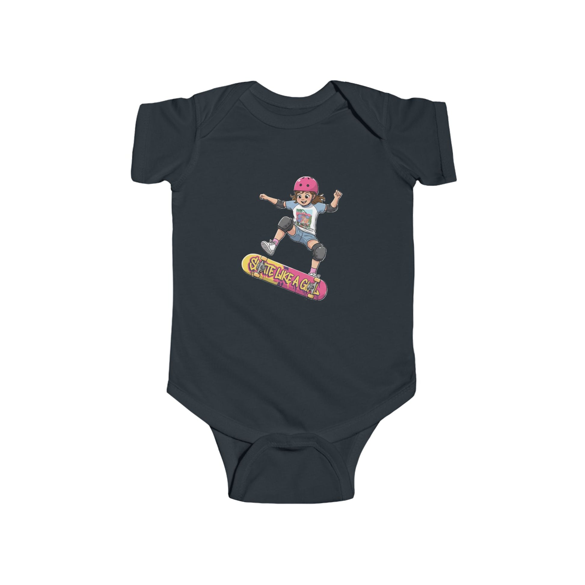 Black baby onesie with a graphic of a child on a skateboard and 'Skate Like a Girl' text.