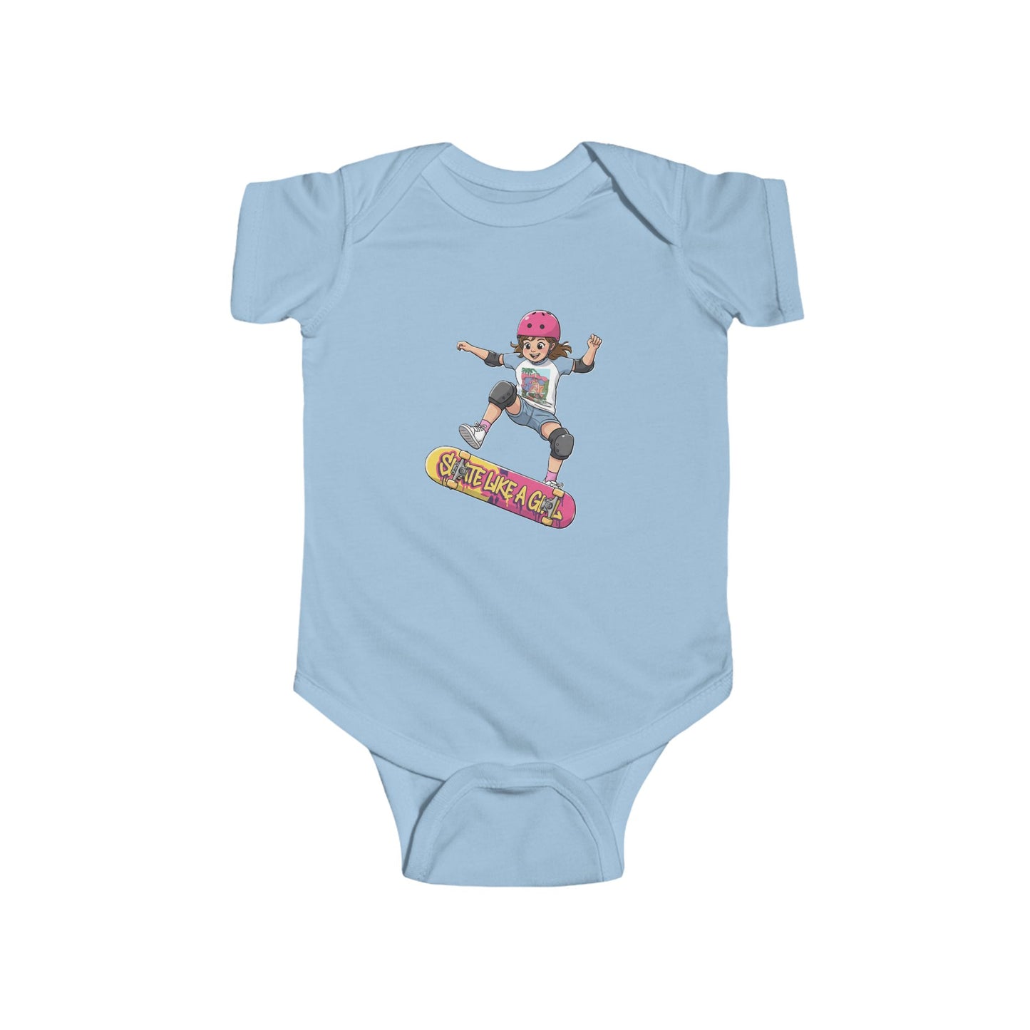 Light blue baby onesie with a graphic of a child on a skateboard and 'Skate Like a Girl' text.