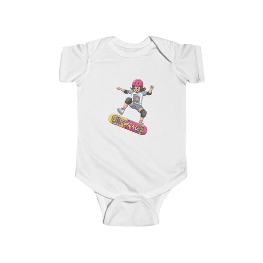 White baby onesie with a graphic of a child on a skateboard and 'Skate Like a Girl' text.