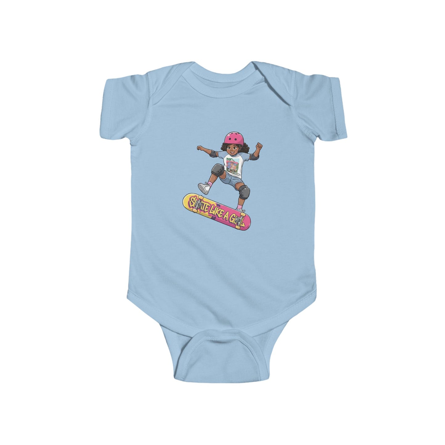 Light blue baby onesie with a graphic of a child on a skateboard and 'Skate Like a Girl' text.