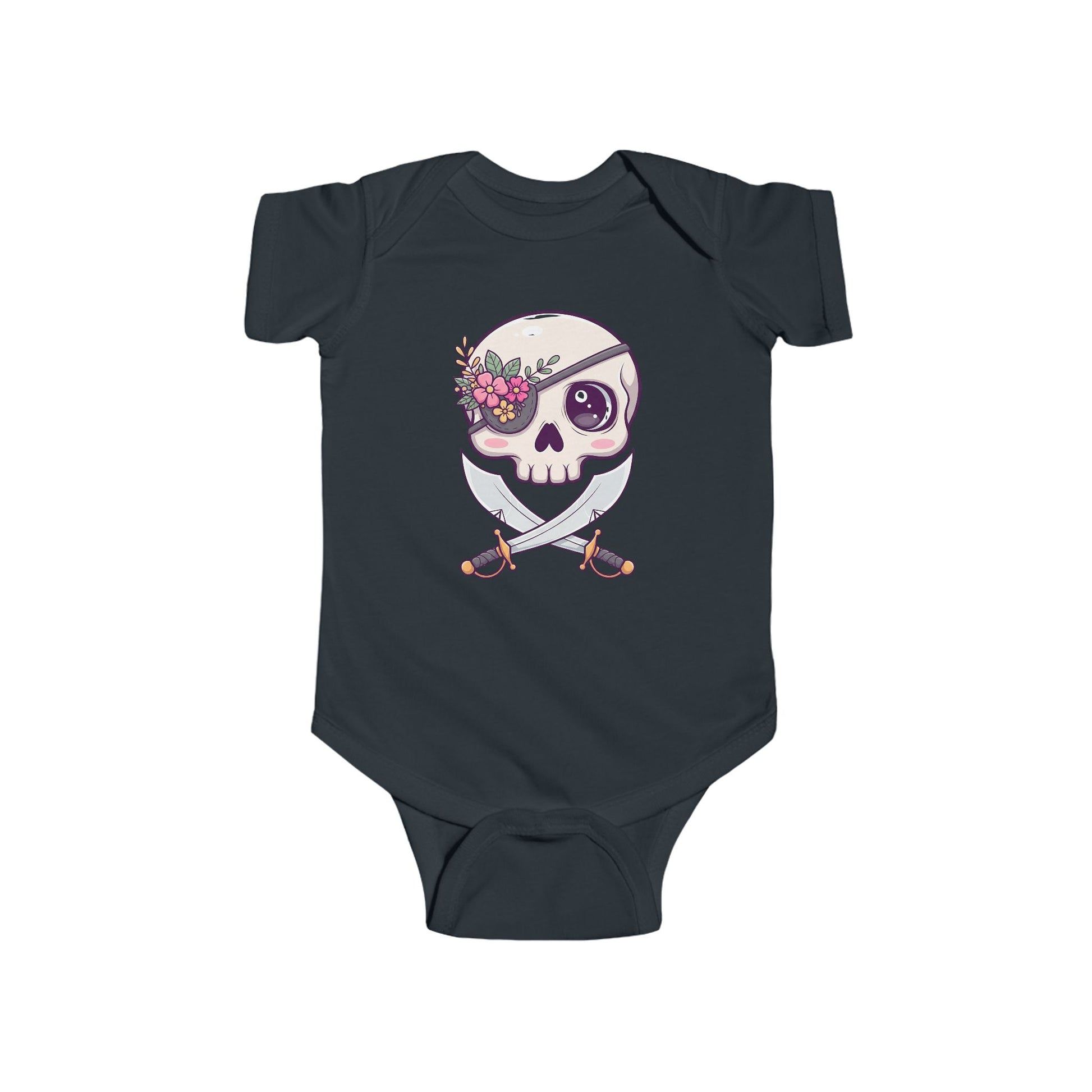 Black baby onesie onesie with a skull design featuring a flowery eye patch and crossed swords