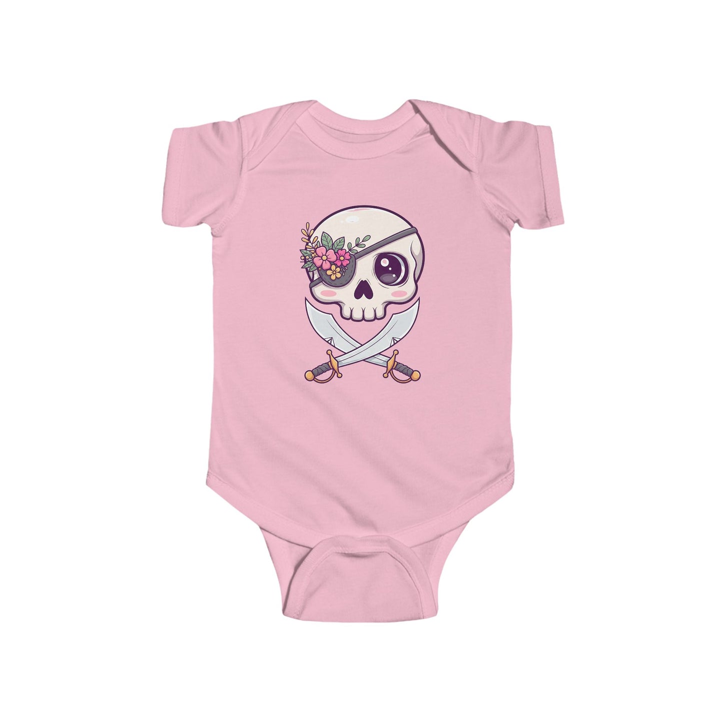 Pink baby onesie with a skull design featuring a flowery eye patch and crossed swords