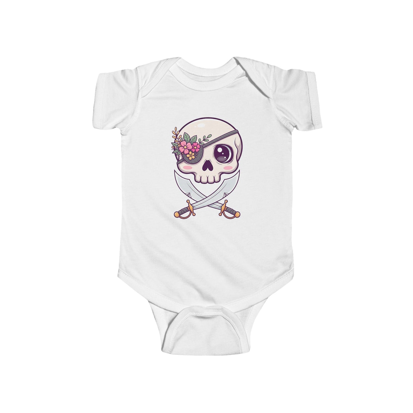White baby onesie with a skull design featuring a flowery eye patch and crossed swords