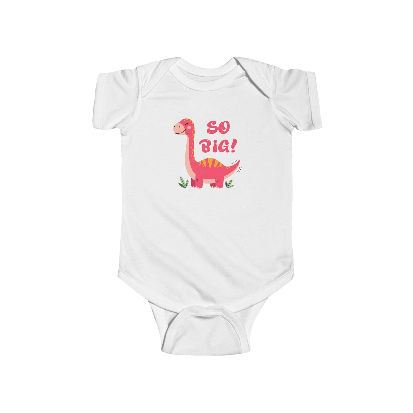 White baby onesie with a dinosaur graphic and 'So Big!' text.