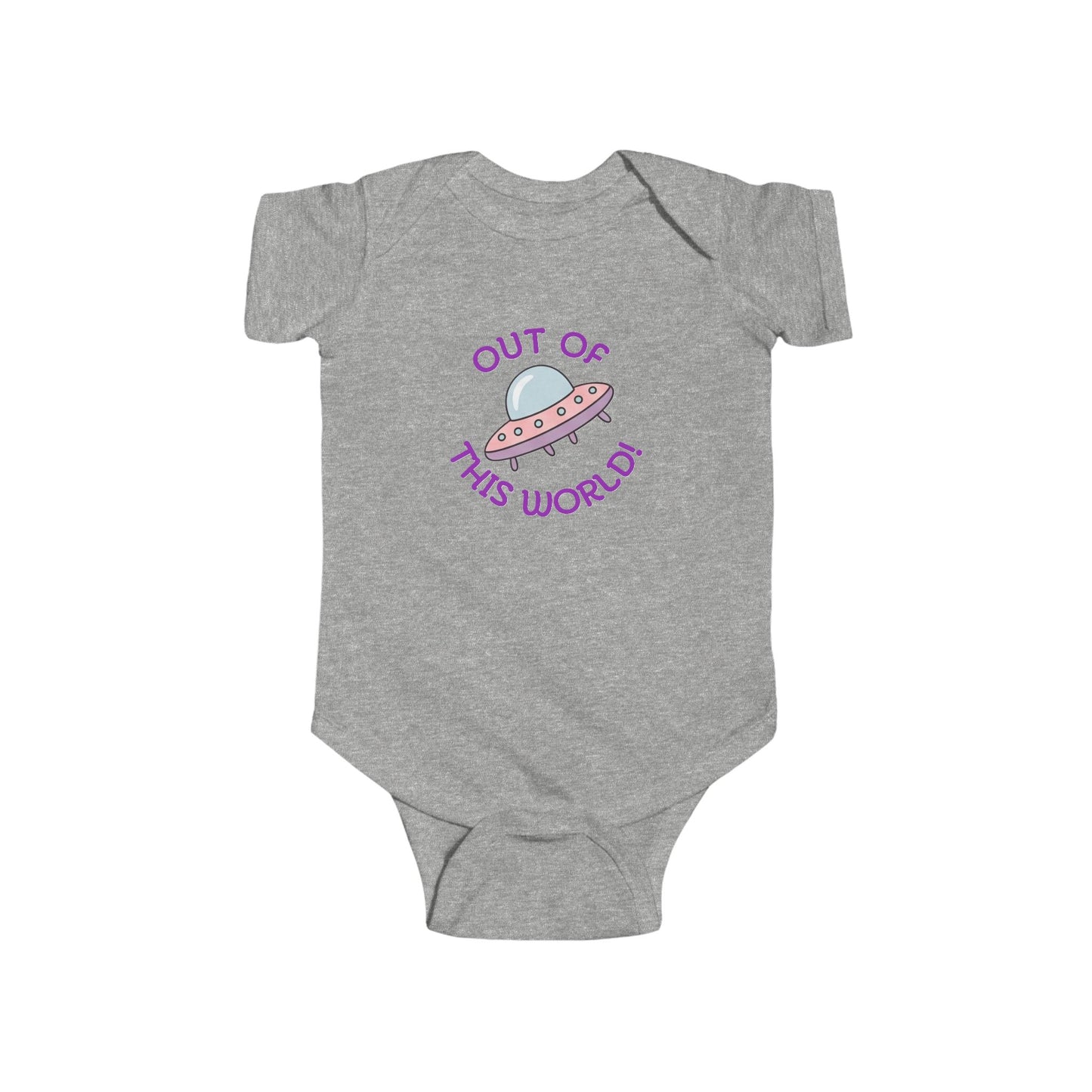 Gray baby onesie with flying saucer design and 'OUT OF THIS WORLD' in purple.