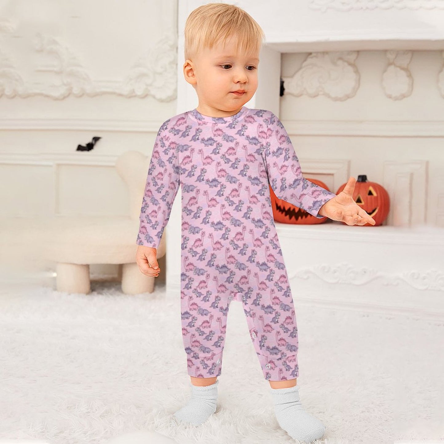 Pink Dino Romper Long Sleeve Baby Romper