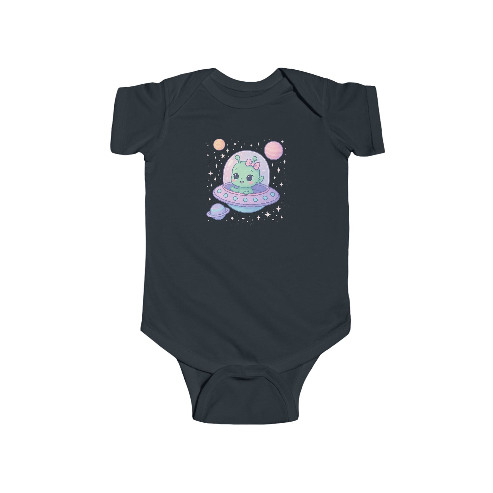 Black baby onesie with a cute baby alien design