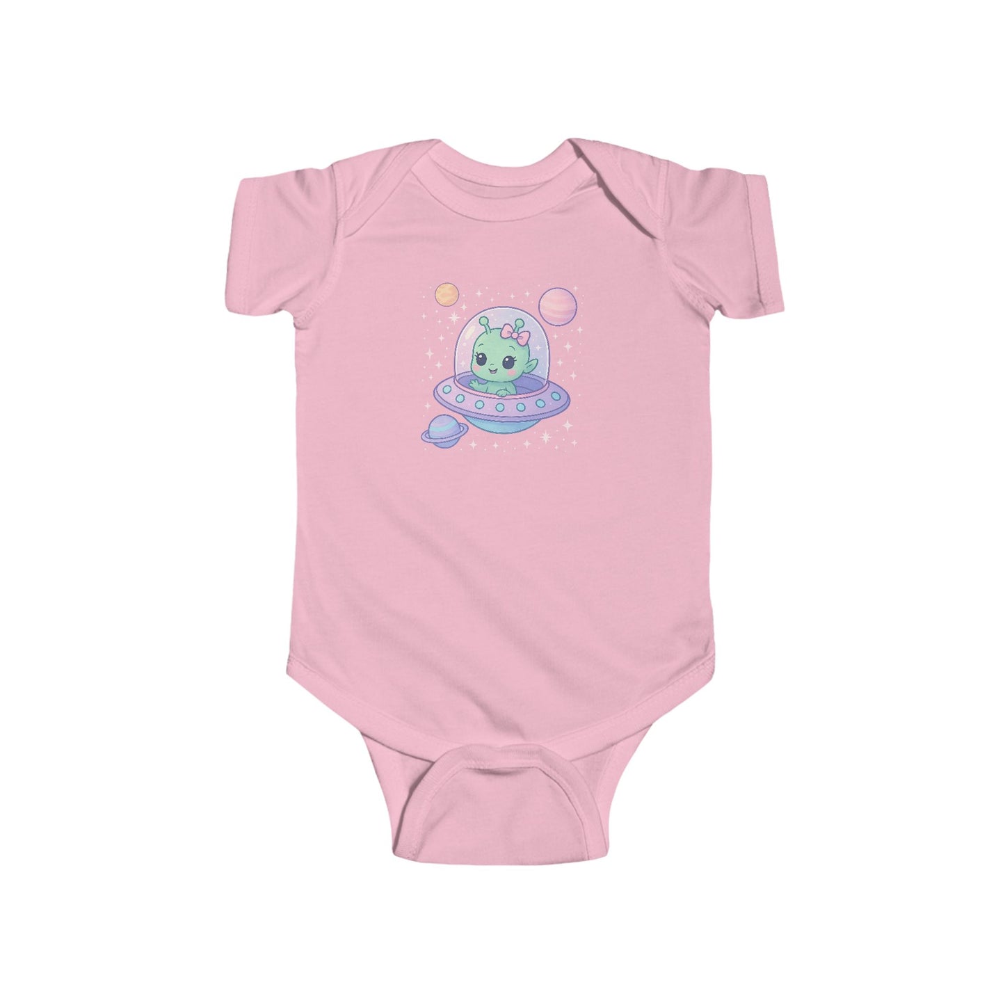 Pink baby onesie with a cute alien design 