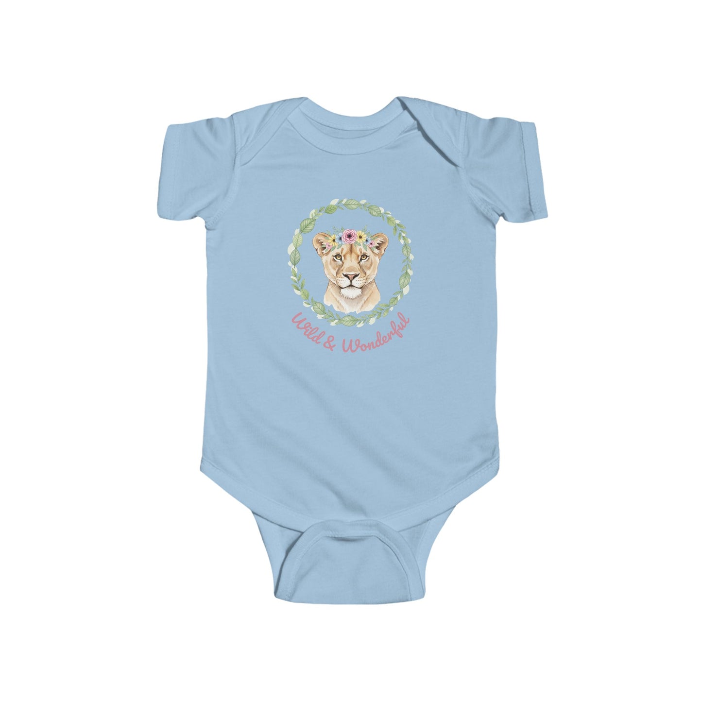 Light blue baby onesie with a lioness design and 'Wild & Wonderful' 