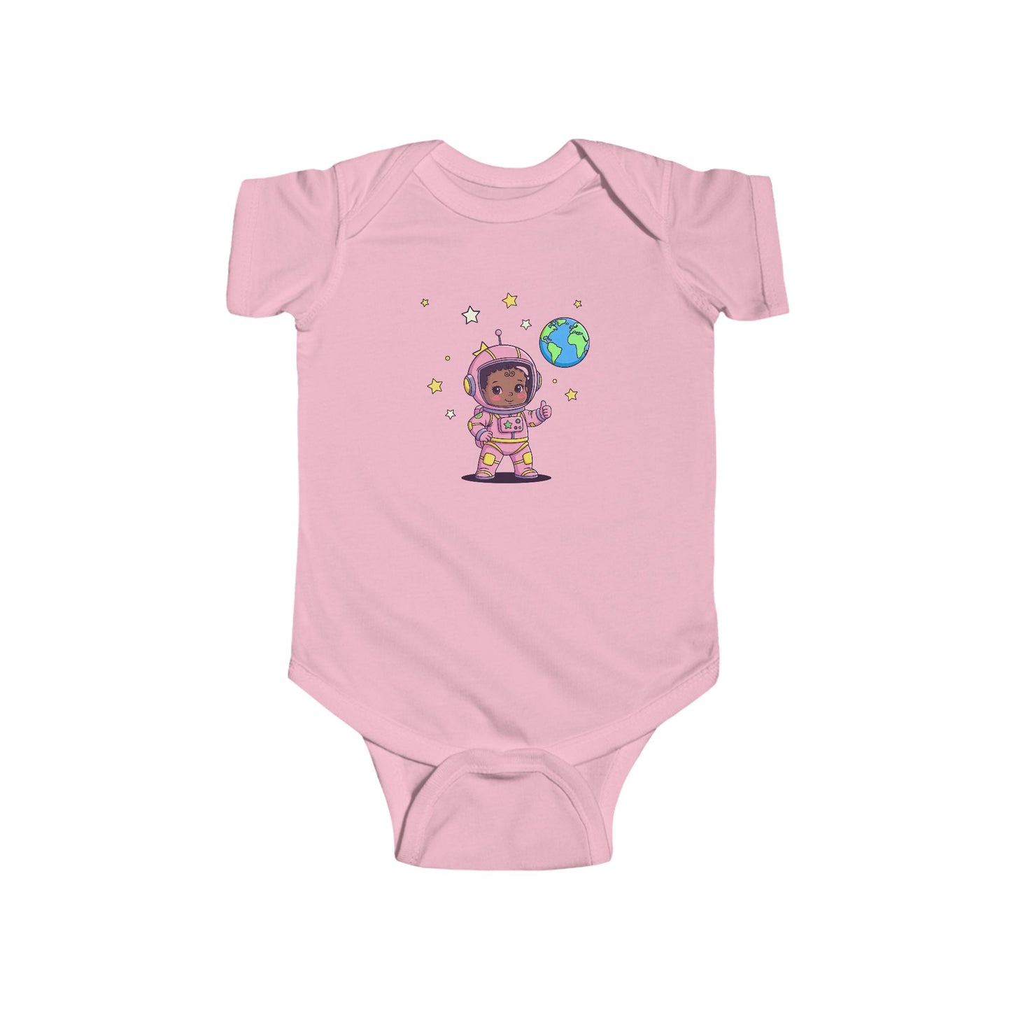 Pink baby onesie with a space-themed baby astronaut design.