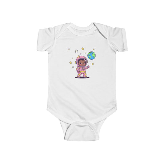 White baby onesie with a space-themed baby astronaut design.