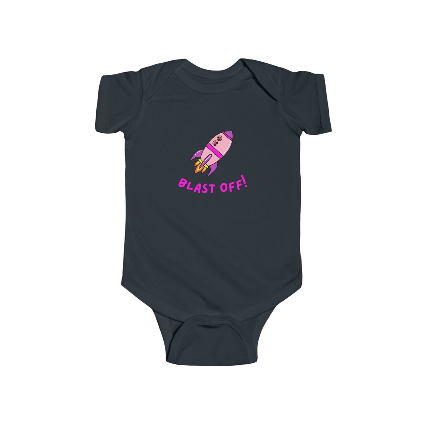 Black baby onesie with a pink rocket and 'BLAST OFF!' text.