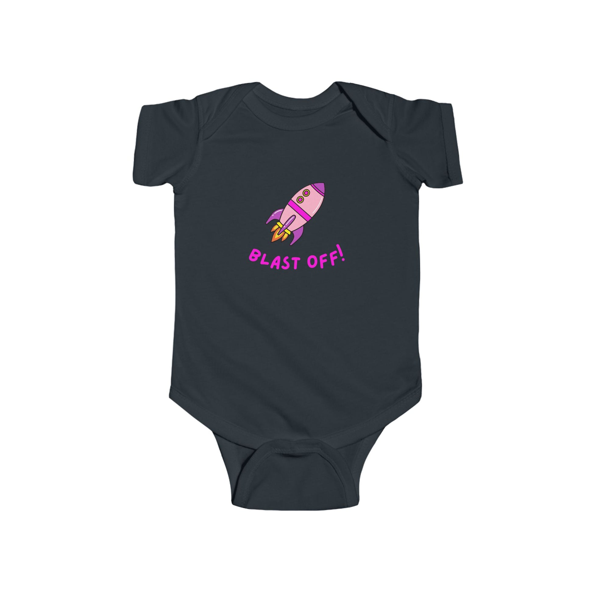 Black baby onesie with a pink rocket and 'BLAST OFF!' text.