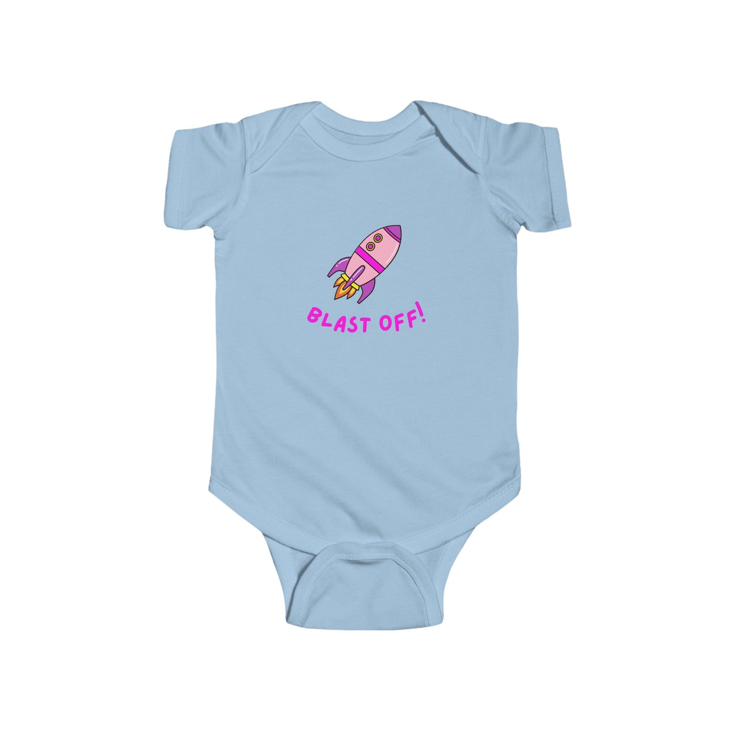 Light blue baby onesie with a pink rocket and 'BLAST OFF!' text.