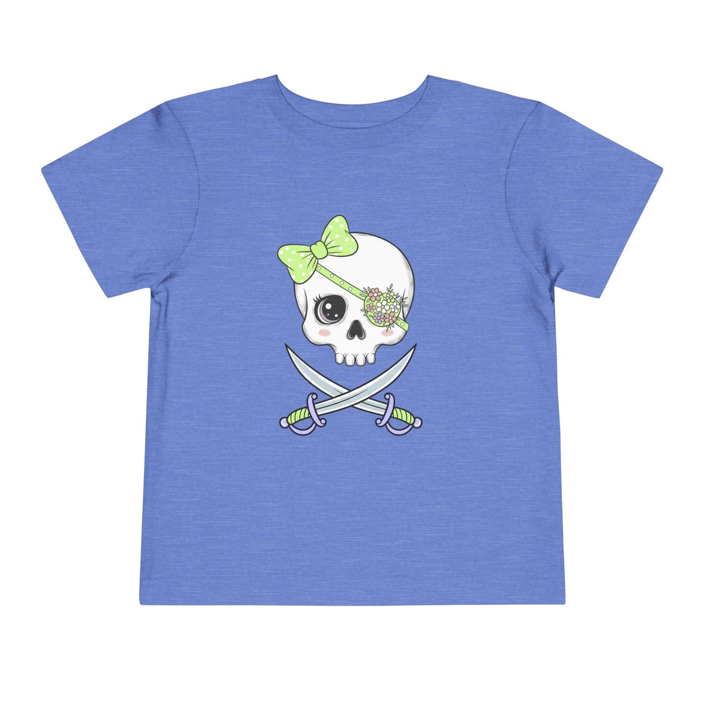Blue t-shirt with skull and crossed swords design, featuring a green bow and flowery eyepatch.